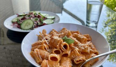 Creamy Tomato & Paprika Pasta, Radicchio, Basil & Cucumber Salad
