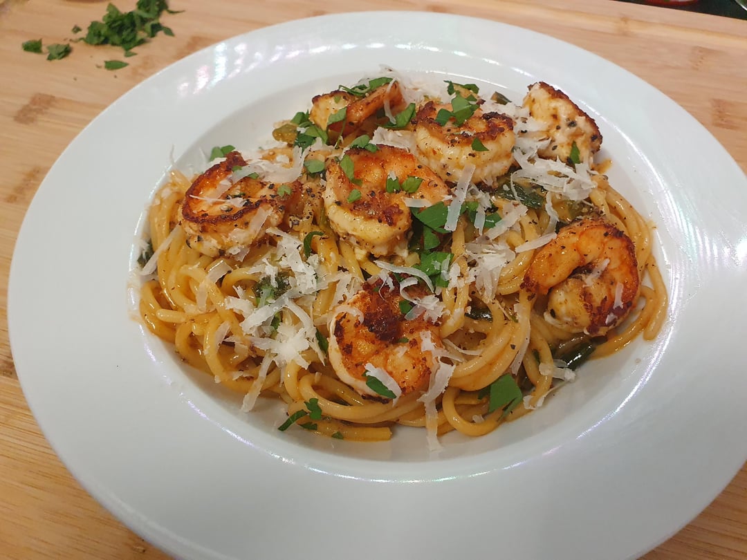 Lemon-Garlic Shrimp with Spaghetti in Brandy reduction with homemade shrimp stock