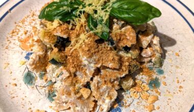 Cold pasta: wholemeal farfalle, tuna, ricotta, courgettes, dry tomatoes, lemon zest,
