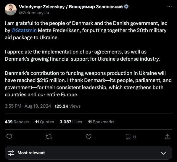 Denmark provides $215 million in military aid to Ukraine