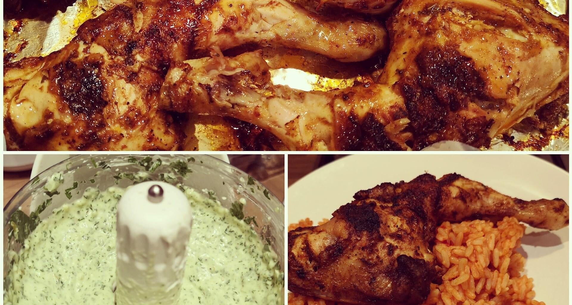 roasted chicken, tomato rice with green sauce homemade