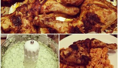 roasted chicken, tomato rice with green sauce homemade