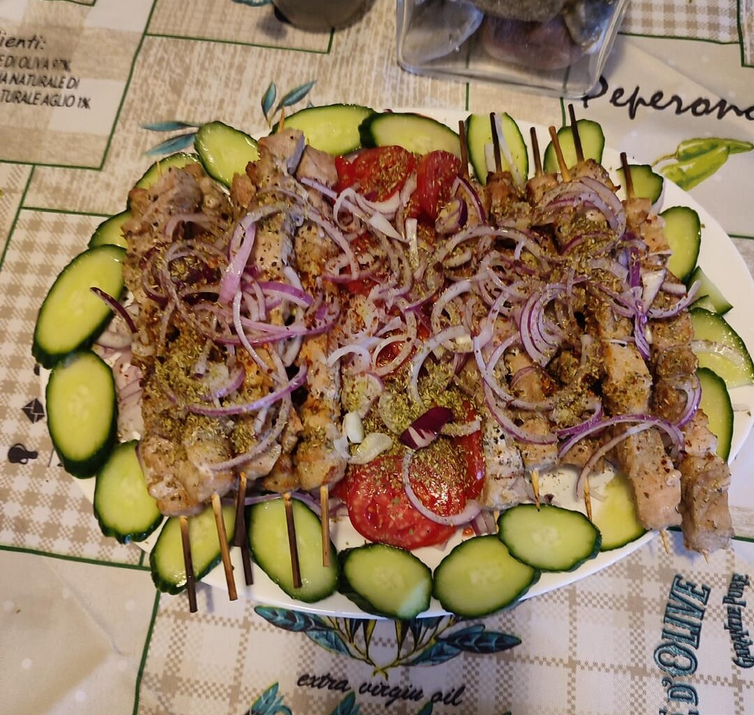 Pork souvláki platter and féta cheese