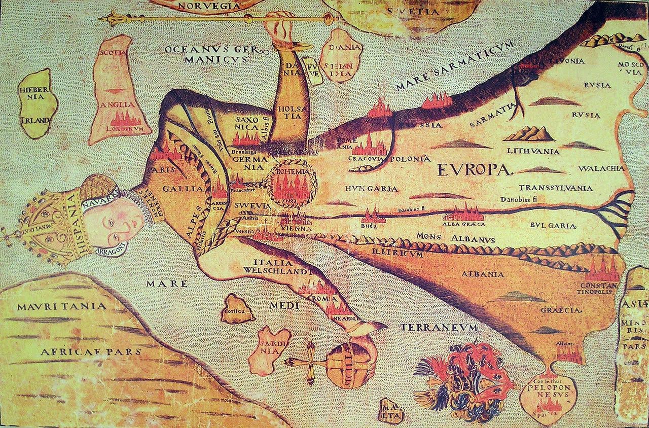 16th century map depicting Europe as a Queen
