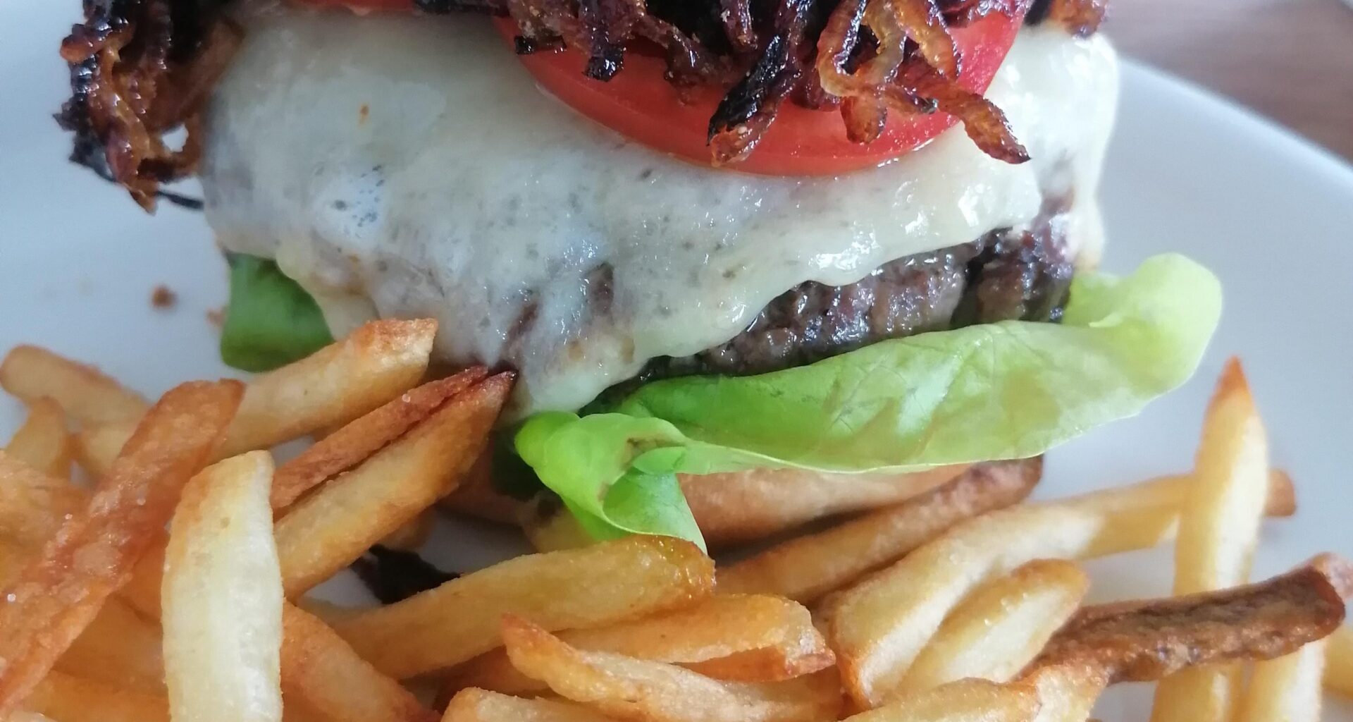 Cheeseburger with caramelized Onions, Fries