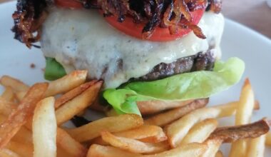 Cheeseburger with caramelized Onions, Fries