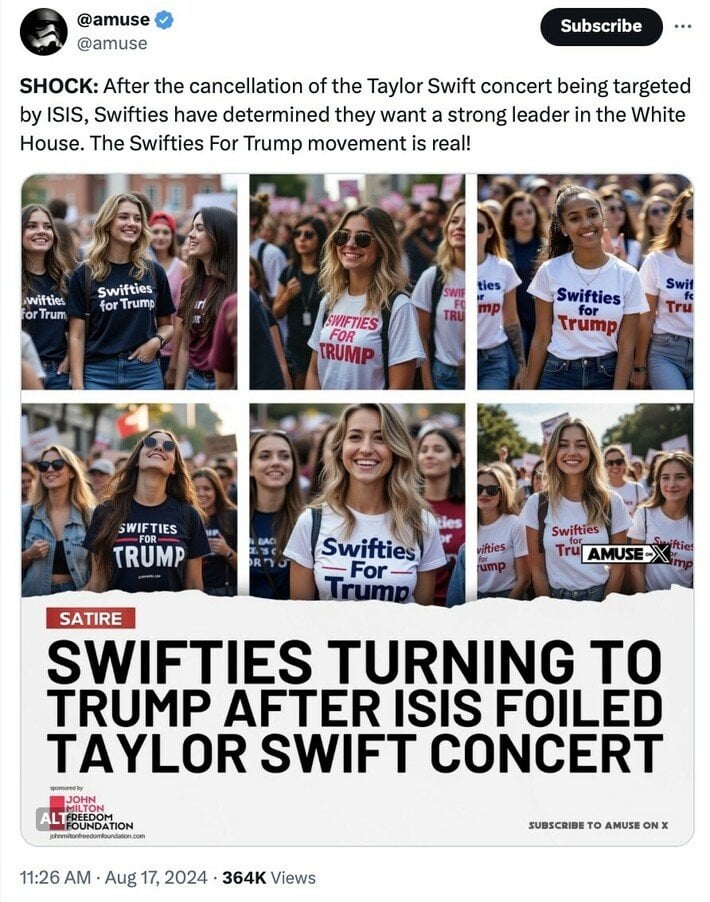 Donald J. Trump falls for fake “swifties for Trump” post that is marked “SATIRE”!!!