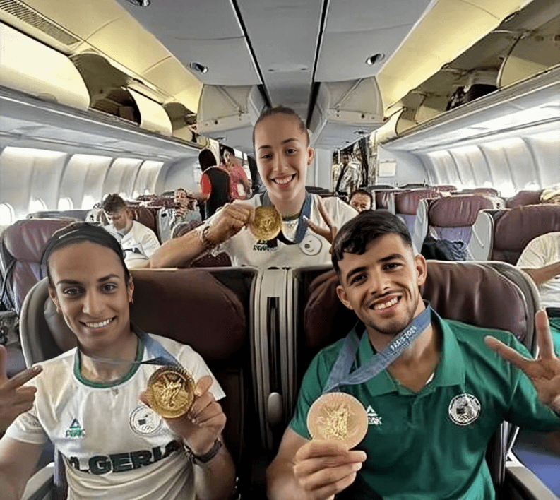 Algerian medallists Imane Khelif, Kaylia Nemour, Djamel Sedjati in one picture.