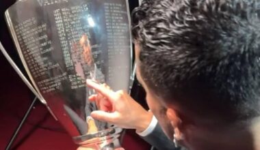 Cristiano Ronaldo pointing to his UCL victories with Real Madrid. 🤍