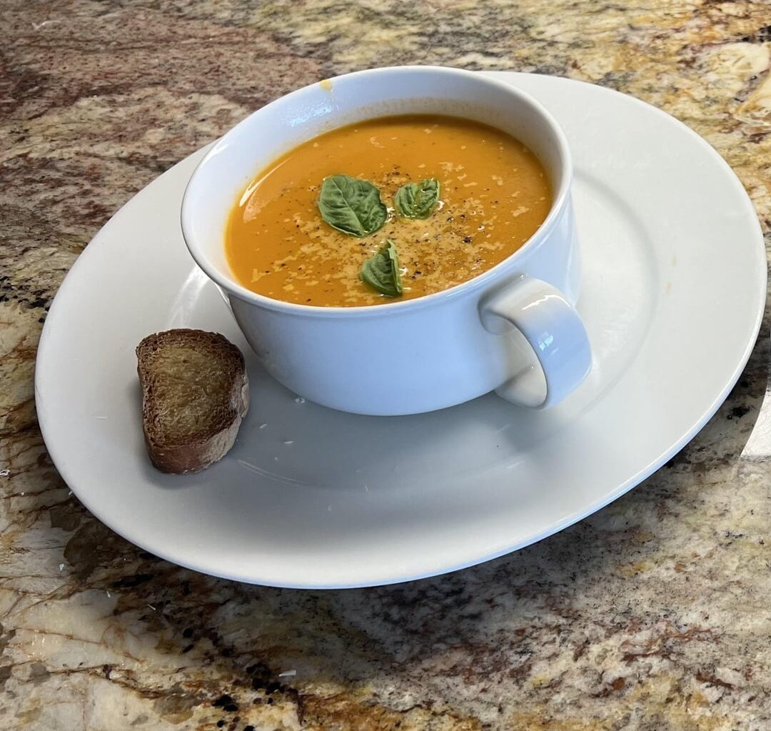 Creamy Tomato Soup from Fresh Tomatoes with Toasted Homemade Baguette