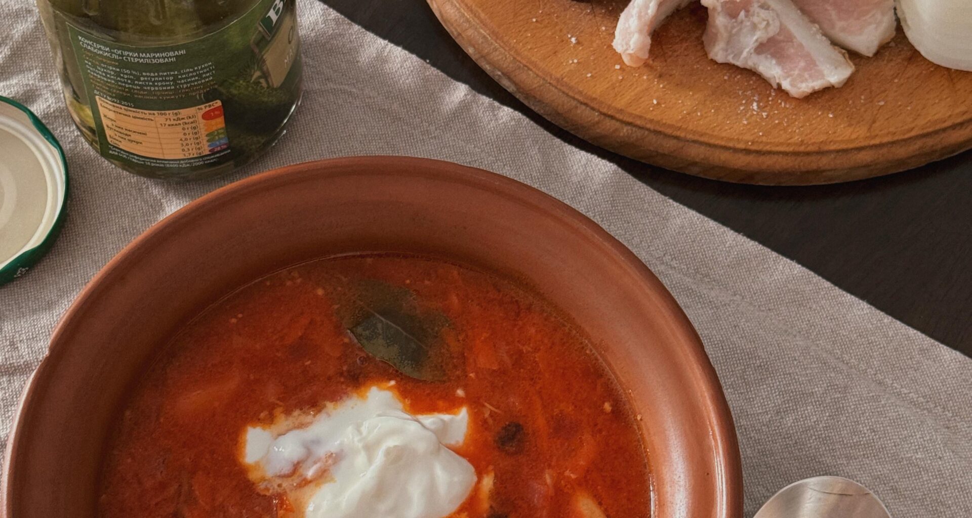 borscht with sour cream, beetroot bread, salo, pickled cucumbers