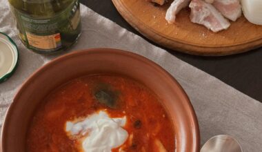 borscht with sour cream, beetroot bread, salo, pickled cucumbers