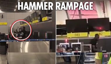 Passenger goes on hammer RAMPAGE at airport and smashes check-in desk