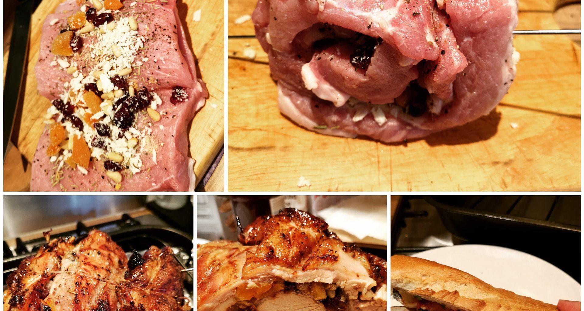 Porchetta sandwich with roasted vege and salsa verde dressing