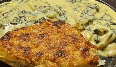 Homemade typical Swiss Rösti, with a large chard (mangold) found at the local farmer's stand (we actually bought two, the non-pictured one was red), at a creamy cheese sauce