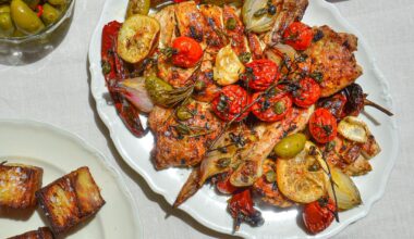 Roasted chicken with cherry tomatoes, green olives, capers and lemon served with ultra crispy potato layers and gorgonzola-based dip