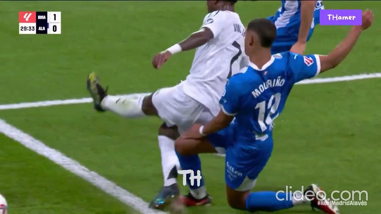 Santiago Mouriño's foul on Vinicius Jr (no card given). Vinicius got booked after protesting.