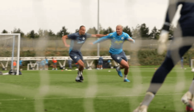 Haaland in training while Pep cheers.