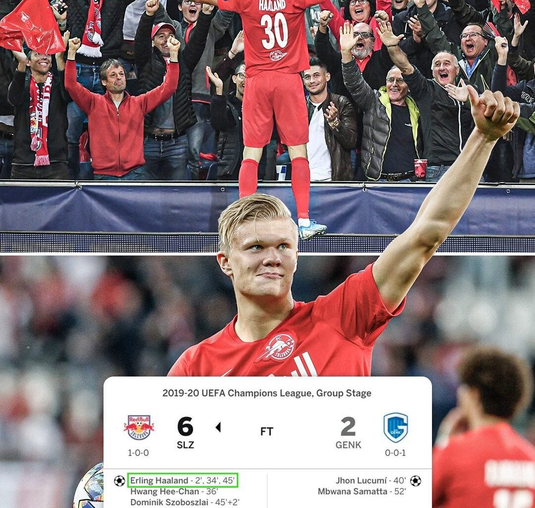 ESPN FC: 19-year-old Erling Haaland scored a first-half hat trick on his Champions League debut with RB Salzburg five years ago today. Destined for greatness.
