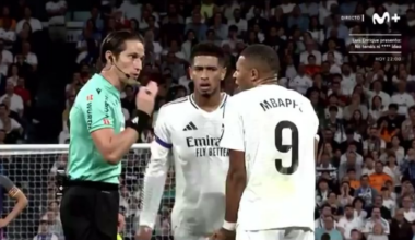 Mbappé’s argument with the ref: the ref thinks the gesture is a sign of disrespect, Mbappé protests that he didn’t even say anything. The ref later ends the conversation by doing the same gesture that got Mbappé a yellow card initially