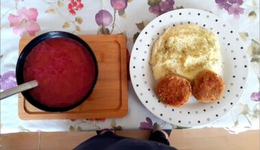 Minced cutlet with mashed potatoes and red borscht