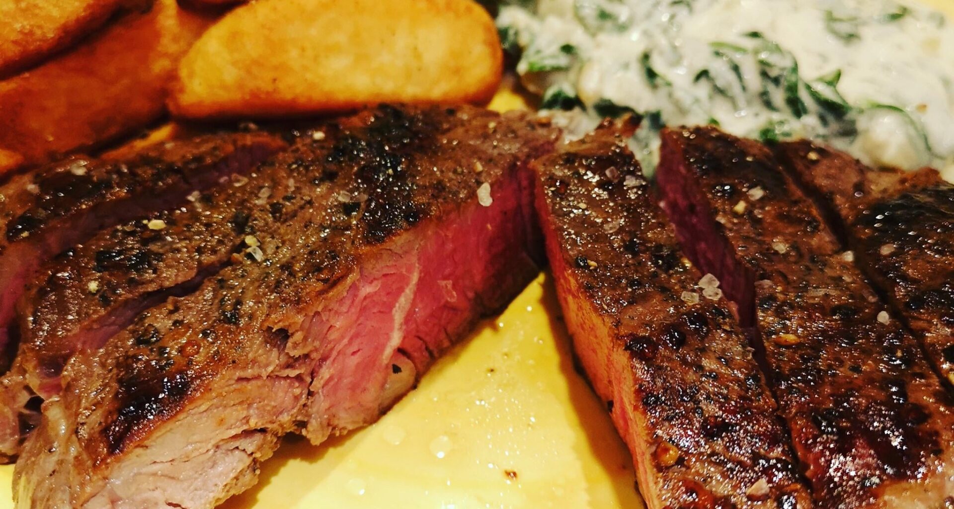 Sous Vide steak, maris piper chips and creamed spinach
