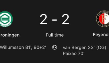 FC Groningen trekt in de laatste 10 minuten de achterstand gelijk tegen Feyenoord