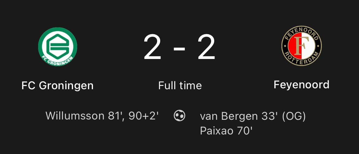 FC Groningen trekt in de laatste 10 minuten de achterstand gelijk tegen Feyenoord