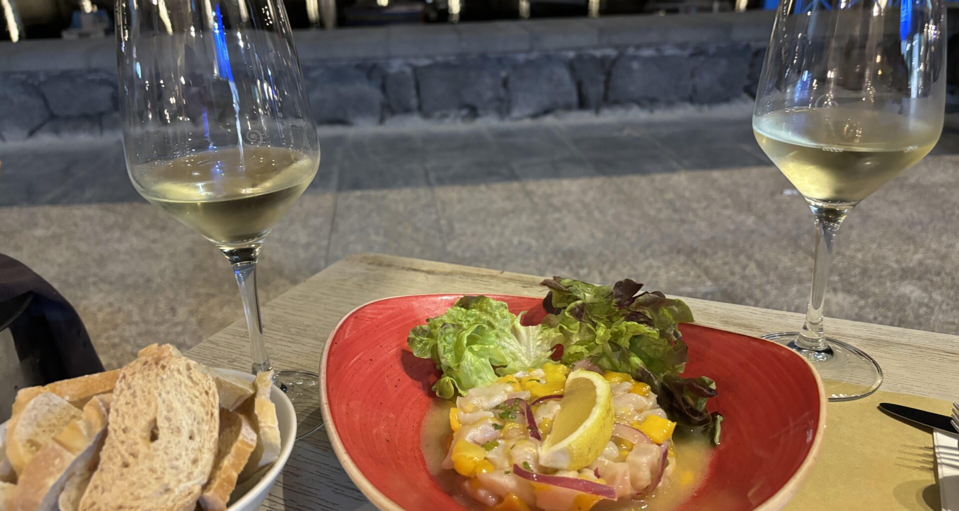 Corvina (Meagre) ceviche with mango, red onion and coriander + white wine from Lanzarote