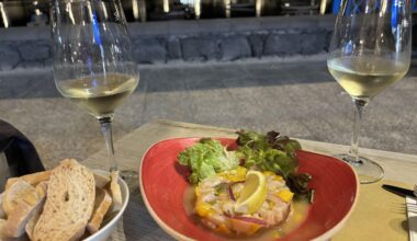 Corvina (Meagre) ceviche with mango, red onion and coriander + white wine from Lanzarote