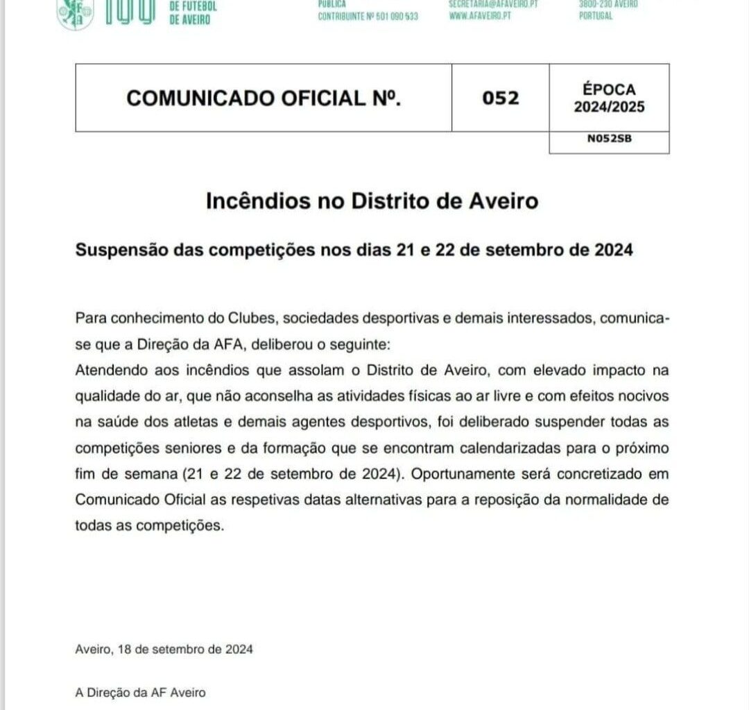 AF Aveiro cancela jogos deste fim de semana