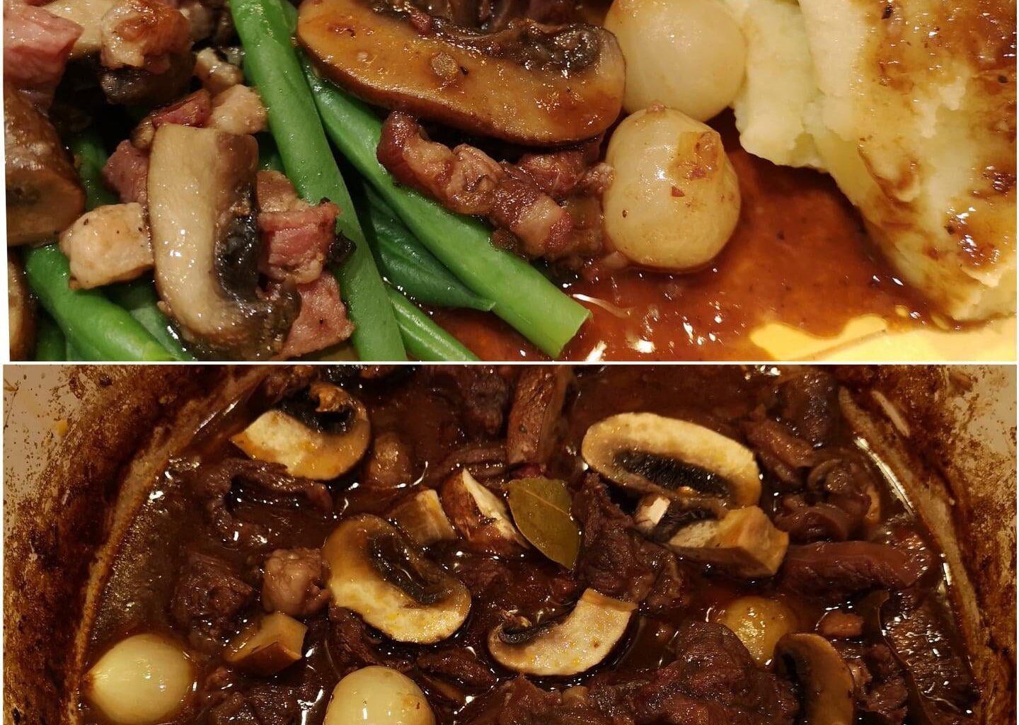 beef bourguignon with mash and greens