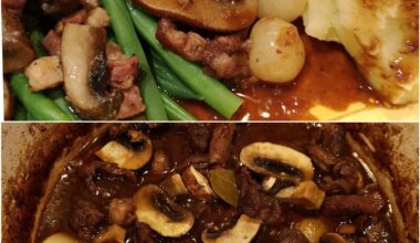 beef bourguignon with mash and greens