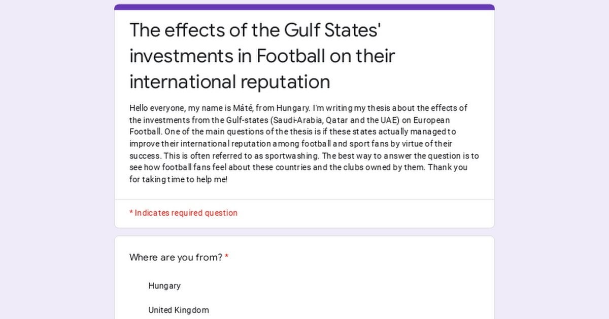 Hello everyone. I am writing my university thesis about the investments from the Gulf-states on Football. One part of the thesis is about the reactions from the fans to them. If you have a 5 minutes I would appreciate if you filled this form about your opinion. (no e-mail or personal data needed)