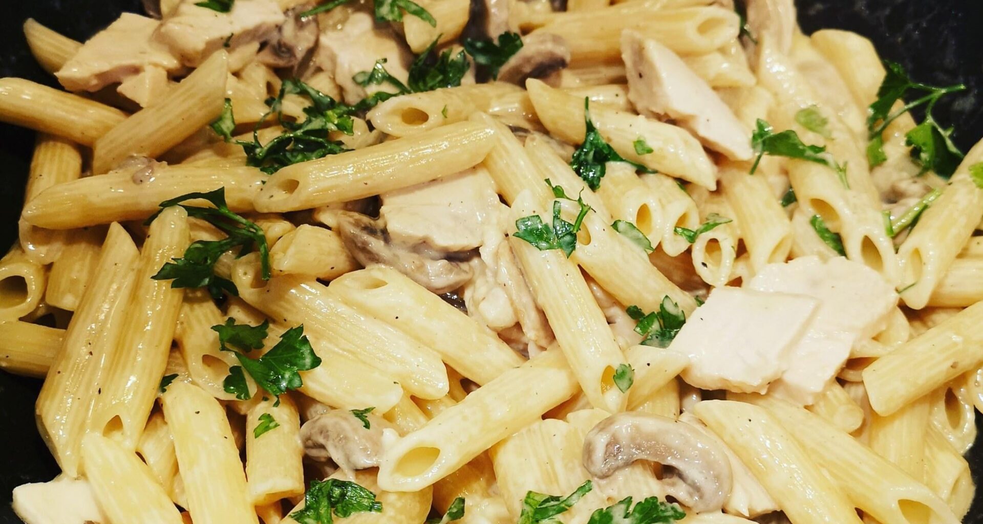Chicken Mushroom Pasta in creamy white wine sauce