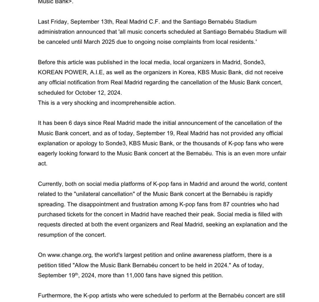KBS Music Bank Production Team issues Official Statement on the Cancellation of the <Music Bank in Madrid> Concert by Real Madrid