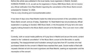 KBS Music Bank Production Team issues Official Statement on the Cancellation of the <Music Bank in Madrid> Concert by Real Madrid