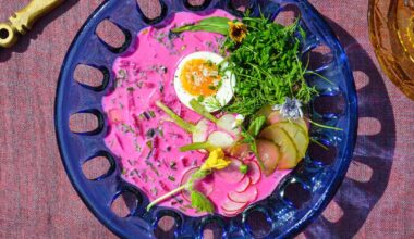 Chłodnik - vegetarian cold beet soup served with new potatoes