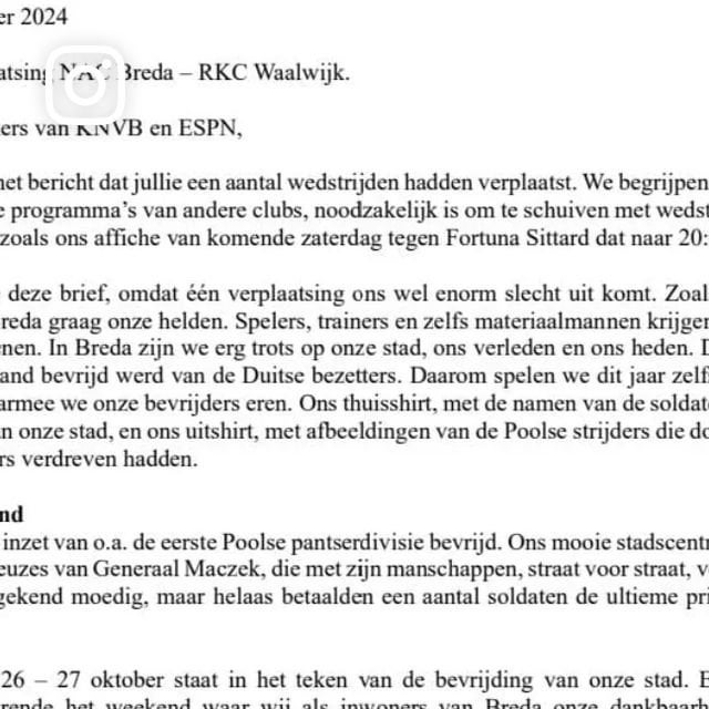 NAC fans sent open letter to KNVB and ESPN regarding the displacement of their game against RKC