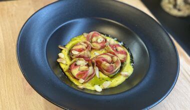 Cheese Tortellini, polenta, basil oil