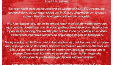 De Ajax supporters delegatie kondigen een protest aan tegen politiestaking tijdens Ajax wedstrijden.