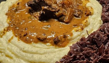 Stew with vegetables and beef cubes from the leg, with freshly prepared mashed potatoes and preserved red cabbage from last season