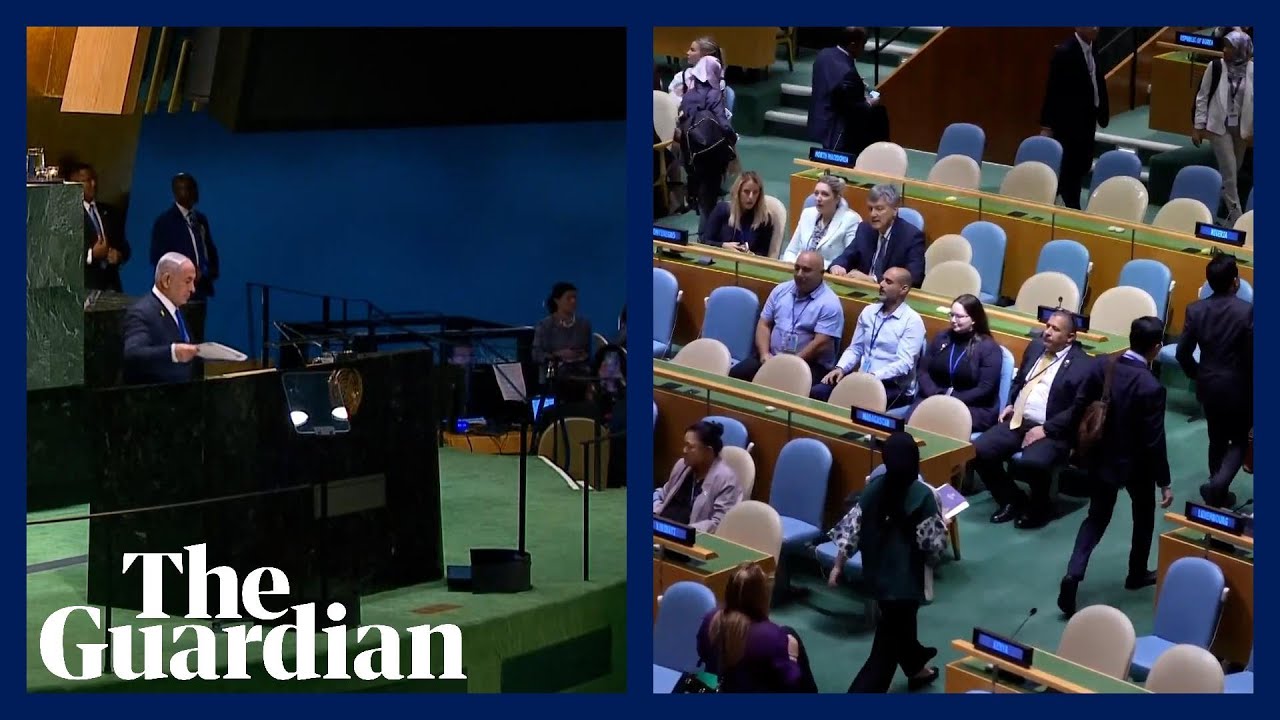 Delegates walk out of UN general assembly chamber ahead of Israeli PM's speech