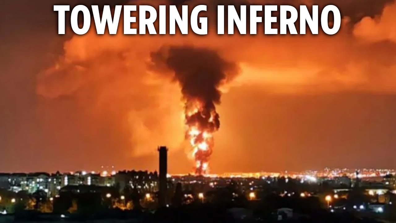 Towering inferno 200ft high erupts from Russian oil depot after massive Ukrainian missile strike