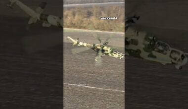 Ukrainian Mi-24P attack helocopter makes a turn after successfully launching rockets #warinukraine