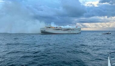 Smoke rises as a fire broke out on the cargo ship Fremantle Highway, at sea on July 26, 2023. Coastguard Netherlands Photo