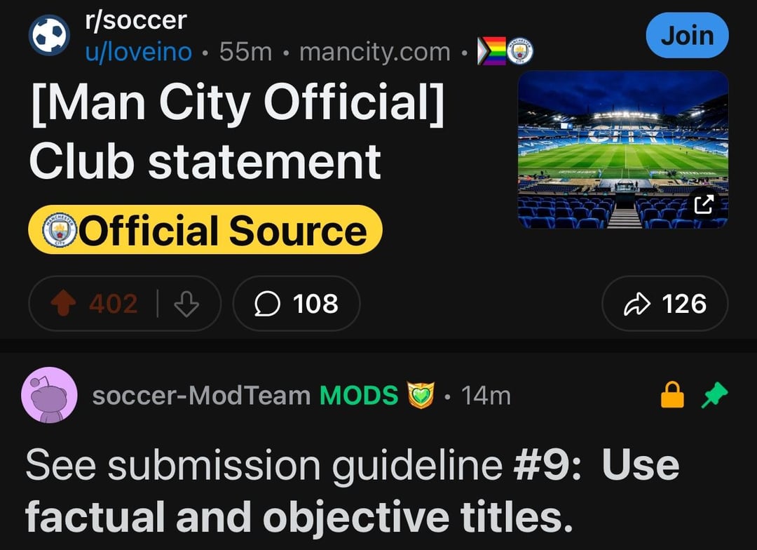 Man City Official Club Statement removed from r/soccer due to not having a "factual and objective title"