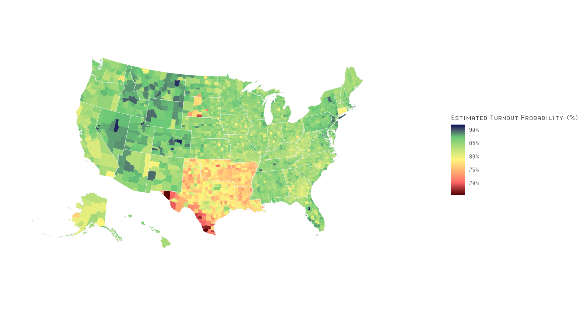 [OC] Estimated Voter Turnout Probability by County for the Upcoming Election (Datagotchi 2024 U.S. Elections, n = 6,228) Using Multilevel Regression and Poststratification