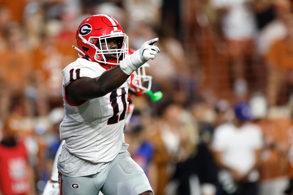 AUSTIN, TEXAS - OCTOBER 19: Jalon Walker #11 of the Georgia Bulldogs celebrates after making a sack during the second quarter against the Texas Longhorns at Darrell K Royal-Texas Memorial Stadium on October 19, 2024 in Austin, Texas. (Photo by Tim Warner/Getty Images)