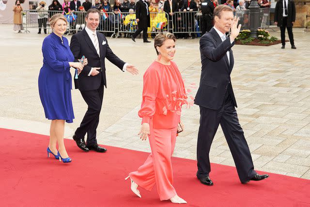<p>Sylvain Lefevre/Getty</p> Princess Stephanie, Prince Guillaume, Grand Duchess Maria Teresa and Grand Duke Henri at Princess Alexandra's civil wedding to Nicolas Bagory at Luxembourg City Hall on April 22, 2023.